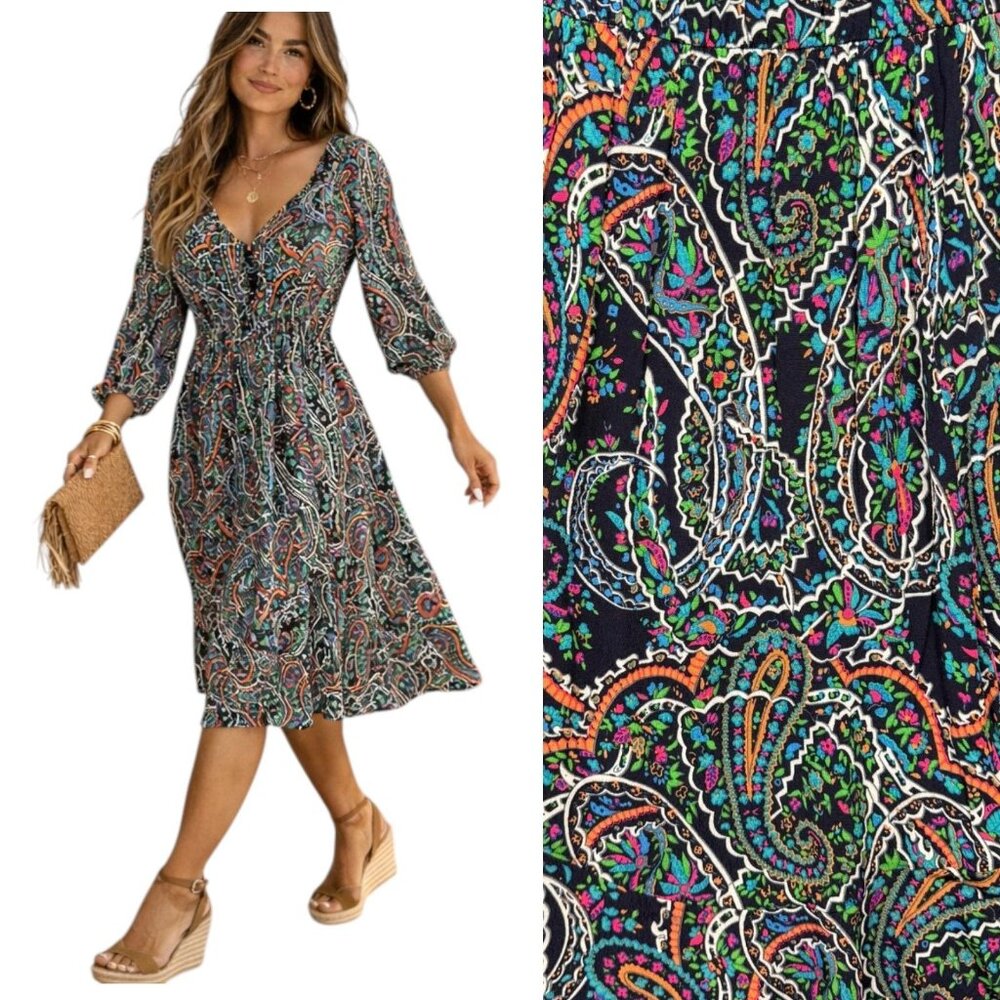 Maeve Anthropologie Boho Paisley Dress Flowy Long Sleeve Navy/Multicolor Size S - Picture 1 of 15
